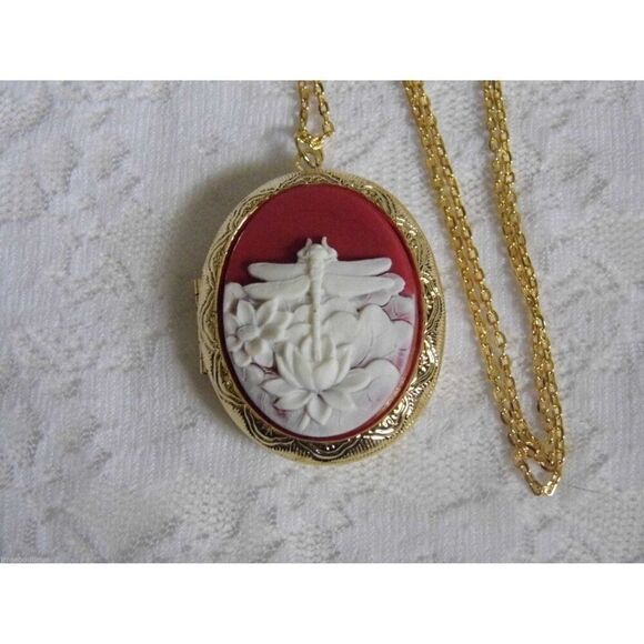 Jewelry - RED Dragonfly Mom Locket Necklace Pill Picture Keepsake Box Gold Easter gift